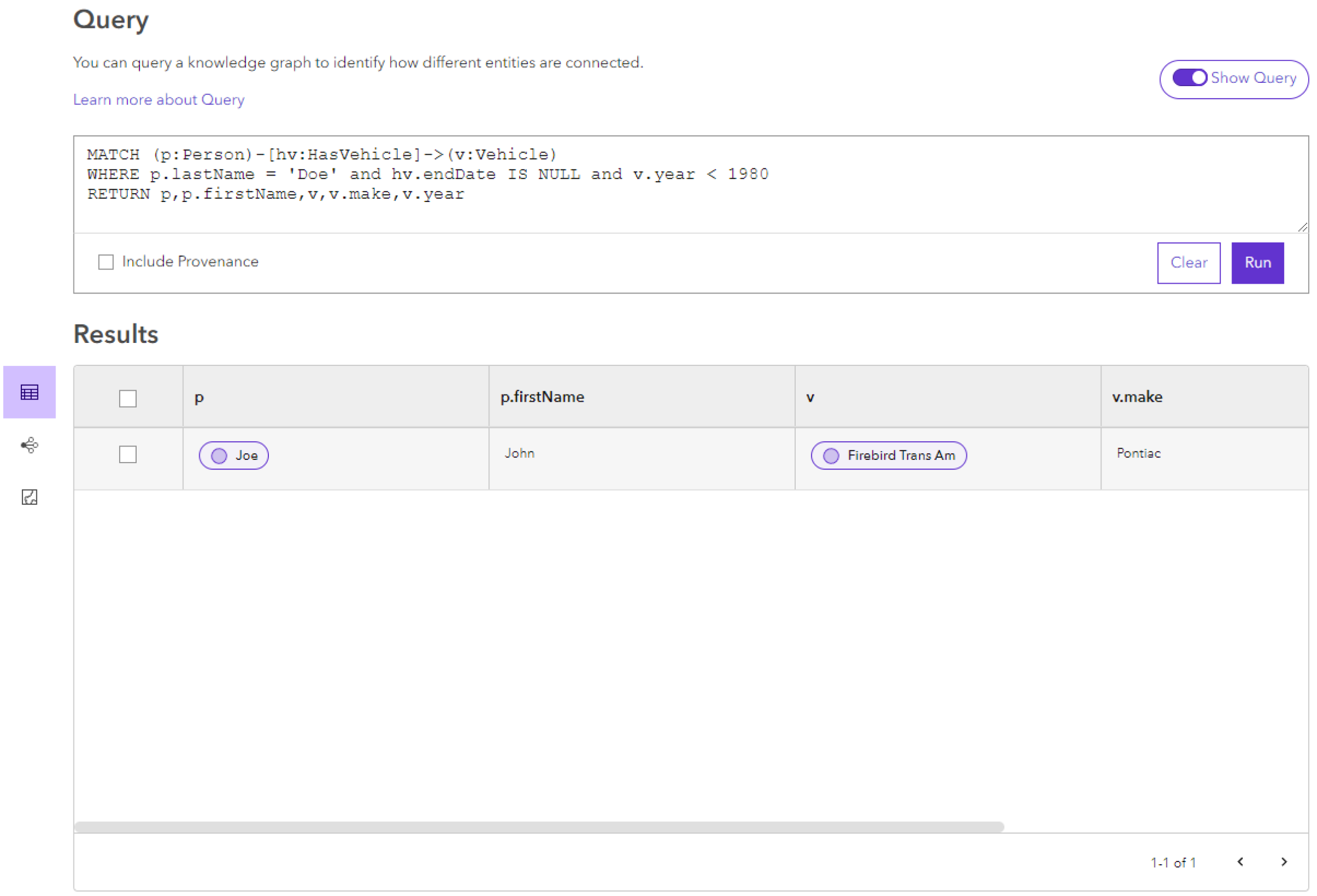 Properties of the origin entity, the relationship, and the destination entity are considered to get a specific set of results. Properties of the origin entity, the relationship, and the destination entity are considered to get a specific set of results.